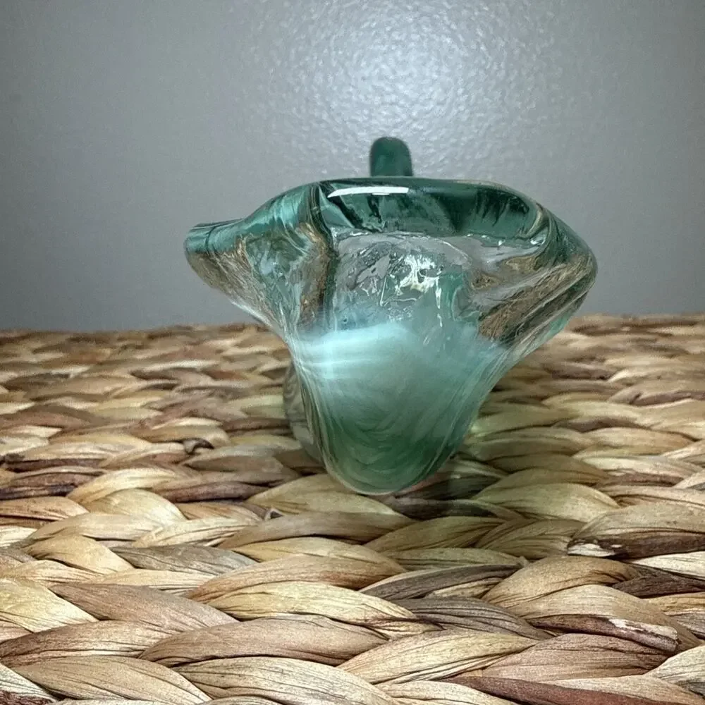 Vintage Aqua Art Glass Console Bowl Freeform Dish Vase Scroll Handle MCM 9.6”